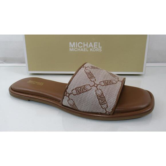 Michael Kors Hayworth Empire Logo Jacquard Slide Sandal Natural Luggage Size 7.5 - Picture 1 of 7